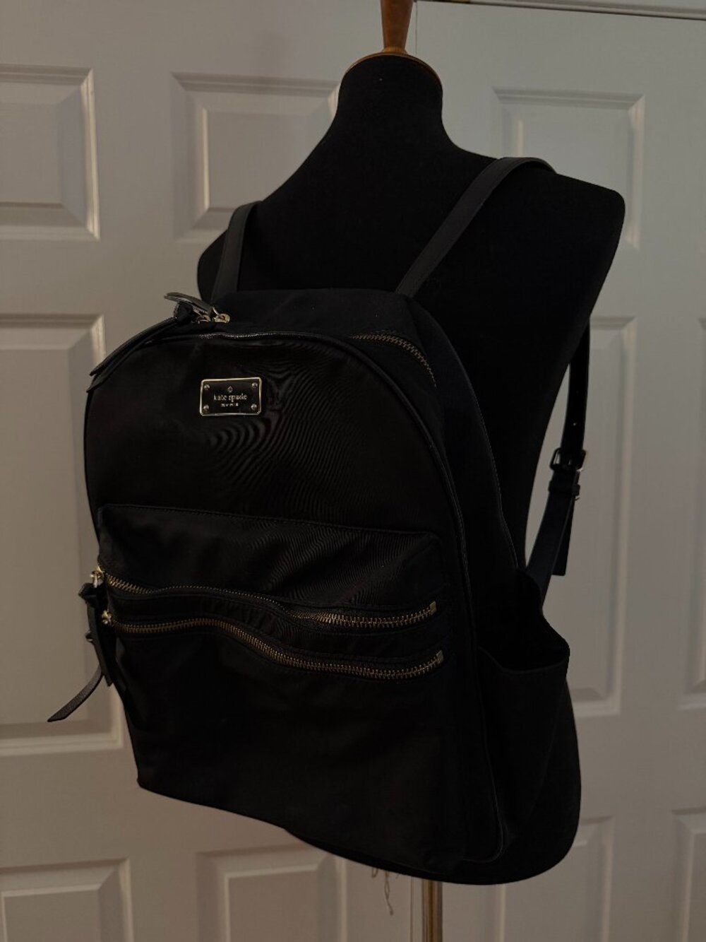 Kate Spade New York Black Nylon Backpack – Gold Hardware & Double Front Zippers